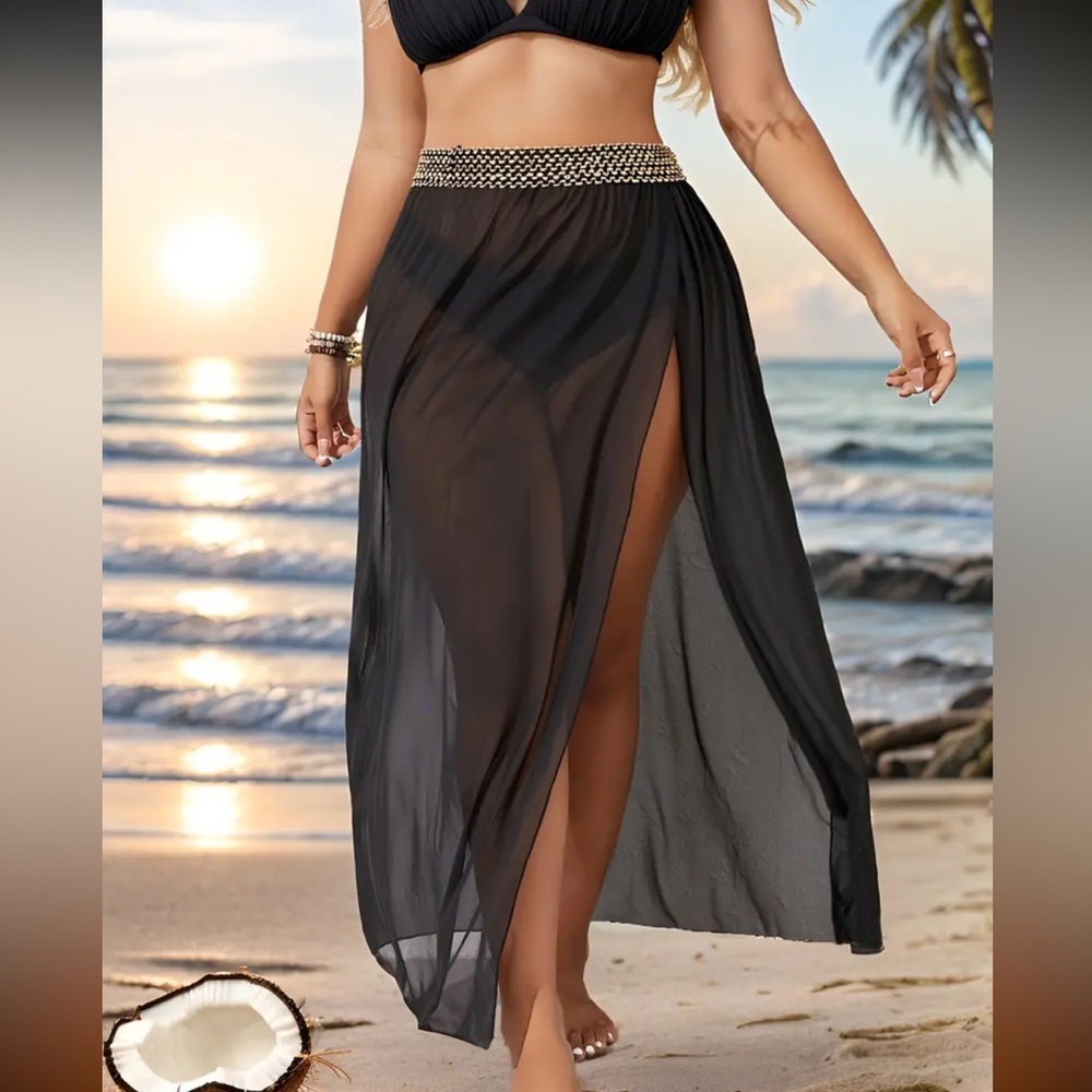 Black Mesh Gold Stitched Waistline Beach Cover-Up Skirt Plus-Sized